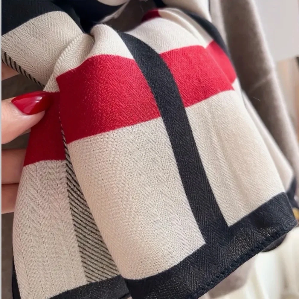 Luxurious Plaid Shawl/Scarf In Cream with Red, Gray and Black New